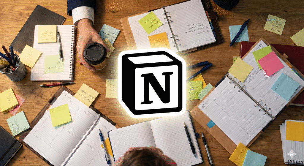정리되지 않은 책상과 포스트잇 대 노션의 깔끔한 올인원 대시보드 화면 비교-노션 사용법