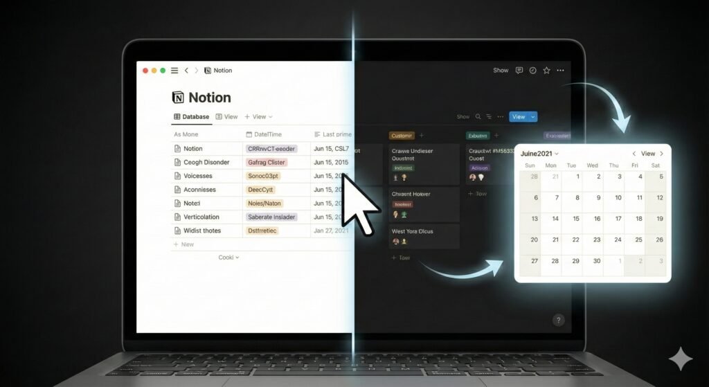 노션 데이터베이스 표 보기에서 캘린더 보기와 보드 보기로 전환되는 화면-노션 사용법