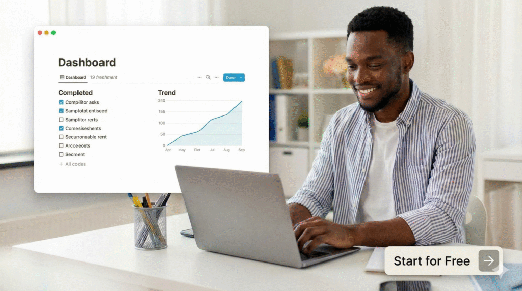 노션 회원가입 화면과 업무 효율이 올라가는 상승 그래프 이미지-노션 후기