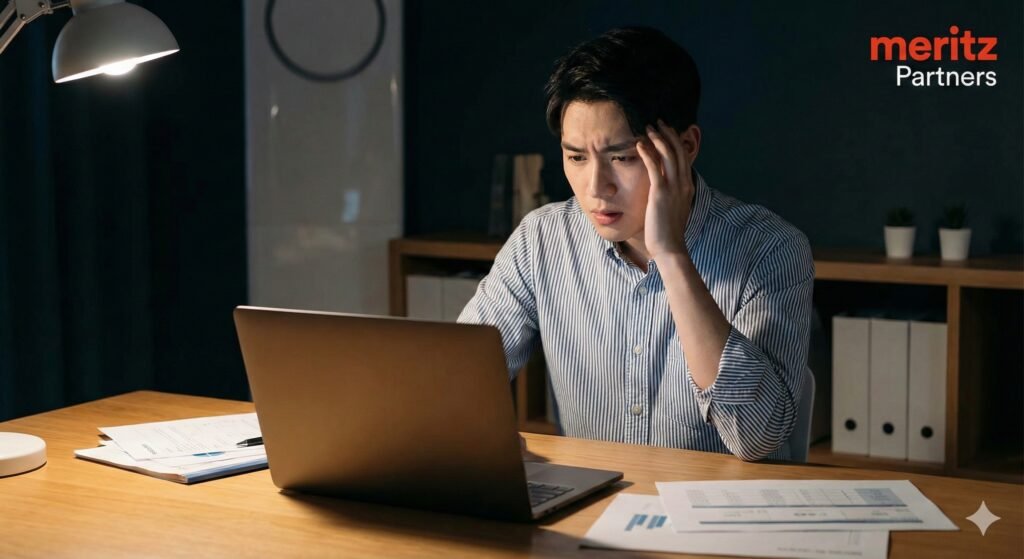 가계부 적자를 고민하는 30대 직장인과 메리츠 파트너스 로고