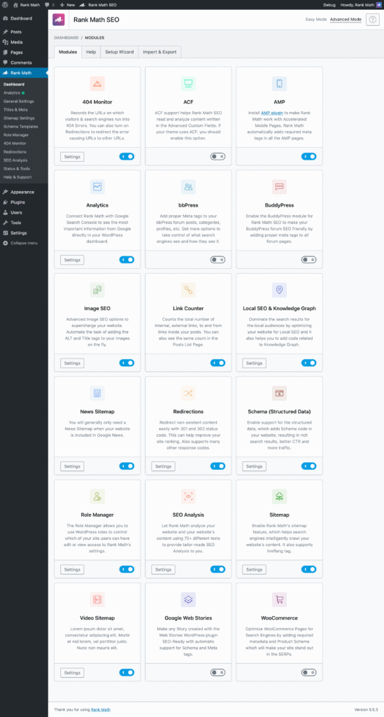 Rank Math 모듈형 대시보드 설정 화면