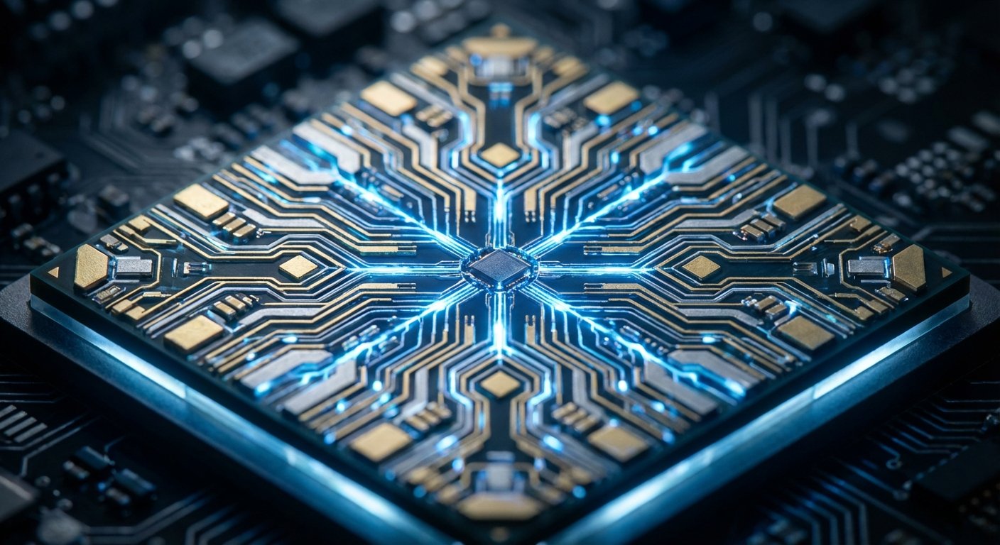 Macro close-up of a computer processor chip with glowing connections symbolizing AI machine learning, deep learning, and data analytics logic.