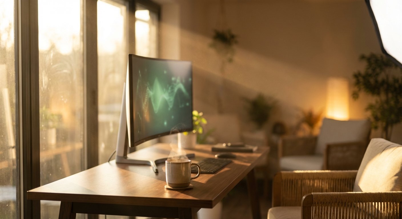 Peaceful modern IT workspace at sunrise with a monitor showing healthy system status, symbolizing the future of autonomous AIOps and stress-free IT management.